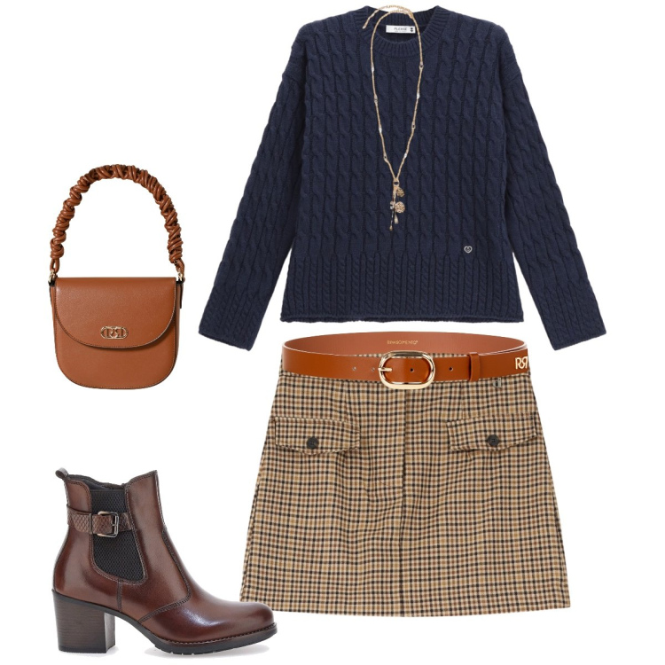 Outfit donna - Autunno con stile. Stile Casual chic Abbinamento con cinture, borse a mano, pullovers, gonne, stivaletti, ciondoli.