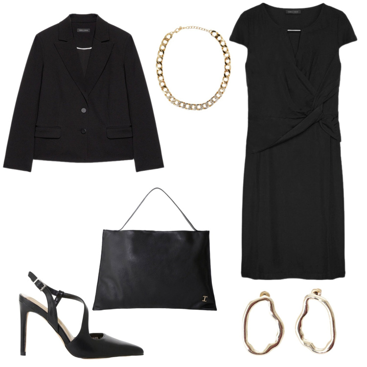 Outfit donna - Eleganza in Ufficio. Stile Chic per Ufficio. Abbinamento con collane, borse a spalla, décolleté, orecchini, vestiti midi/longuette, blazer.