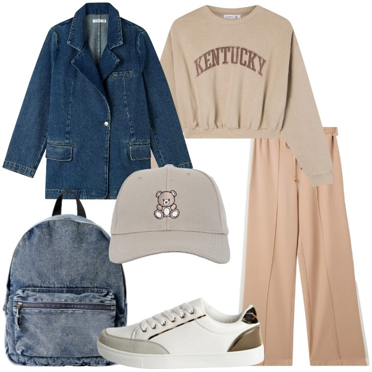 Outfit donna - Terranova - Back to reality. Stile Casual per Scuola/Università. Abbinamento con blazer, cappelli con visiera, sneakers, zaini, pantaloni, felpe.