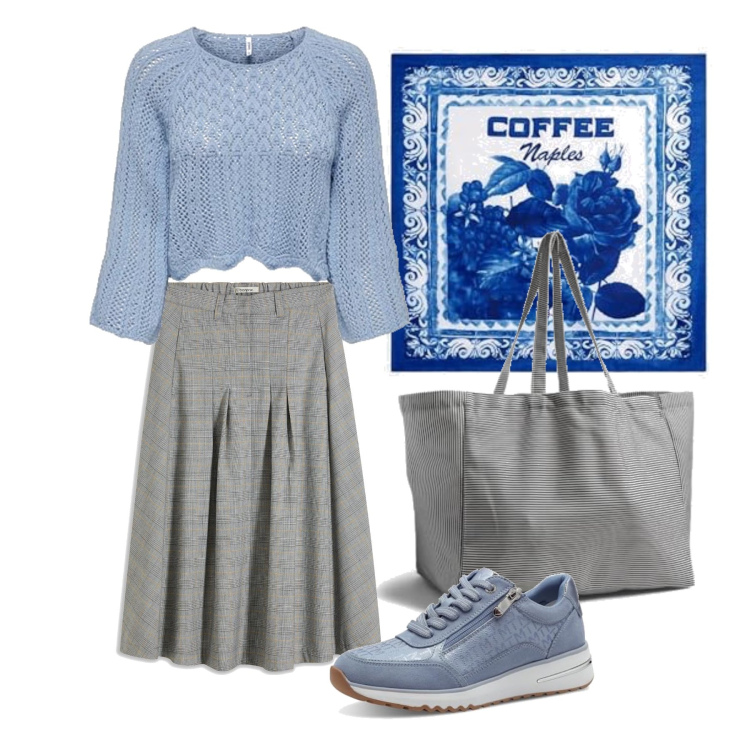 Outfit femme - Septembre. Style Casual chic pour Tous les jours. Assortir avec jupes, foulards, pulls, sneakers, sacs tote.