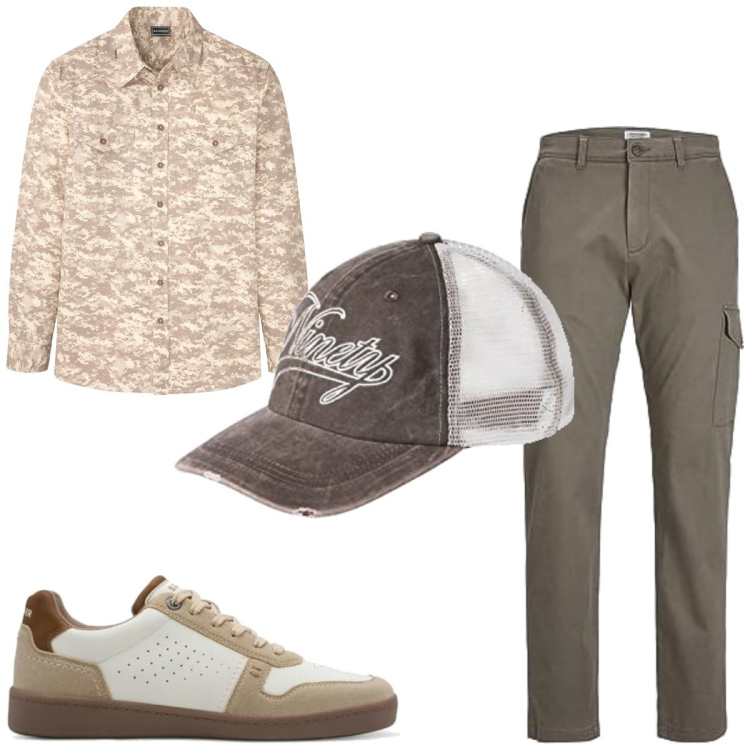 Outfit homme - Tendance #5531. Style Tendance pour Tous les jours. Assortir avec chemisiers, pantalon cargo, chapeaux, sneakers.