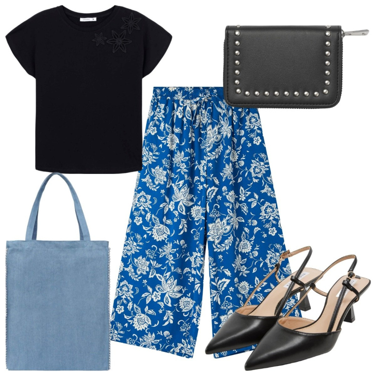 Outfit donna - Terranova New Collection AI 26: in blu. Stile Trendy per Tutti i giorni. Abbinamento con pantaloni a palazzo, sabot, borse tote, t-shirt, portafogli.