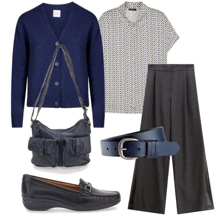 Outfit donna - Office. Stile Bon Ton per Ufficio. Abbinamento con cinture, pantaloni, mocassini, cardigans, camicie a manica corta, borse a tracolla.