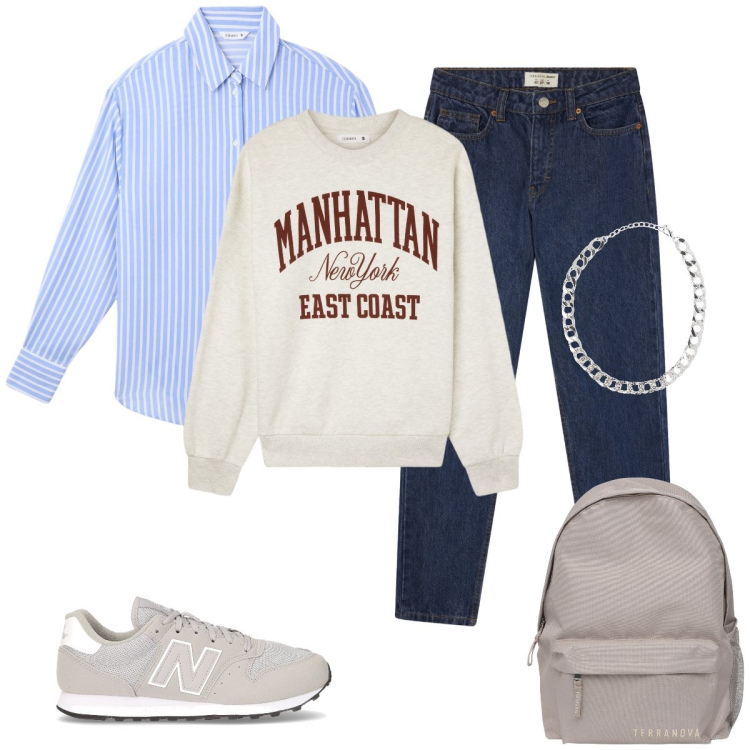 Outfit donna - Back in Town. Stile Urban per Tutti i giorni. Abbinamento con camicie, collane, jeans mom, zaini, felpe, sneakers.
