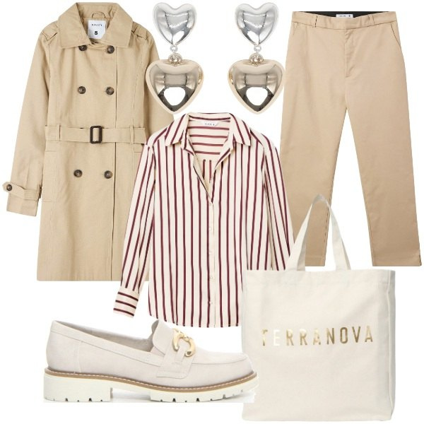 Outfit donna - Back to reality con Terranova. Stile Minimal per Tutti i giorni. Abbinamento con trench, orecchini, pantaloni, borse tote, camicie, mocassini.