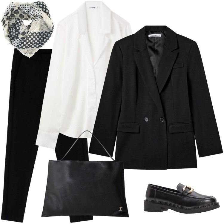 Outfit donna - Minimal e funzionale. Stile Urban per Ufficio. Abbinamento con mocassini, blazer, bluse, borse a spalla, pantaloni, foulard.