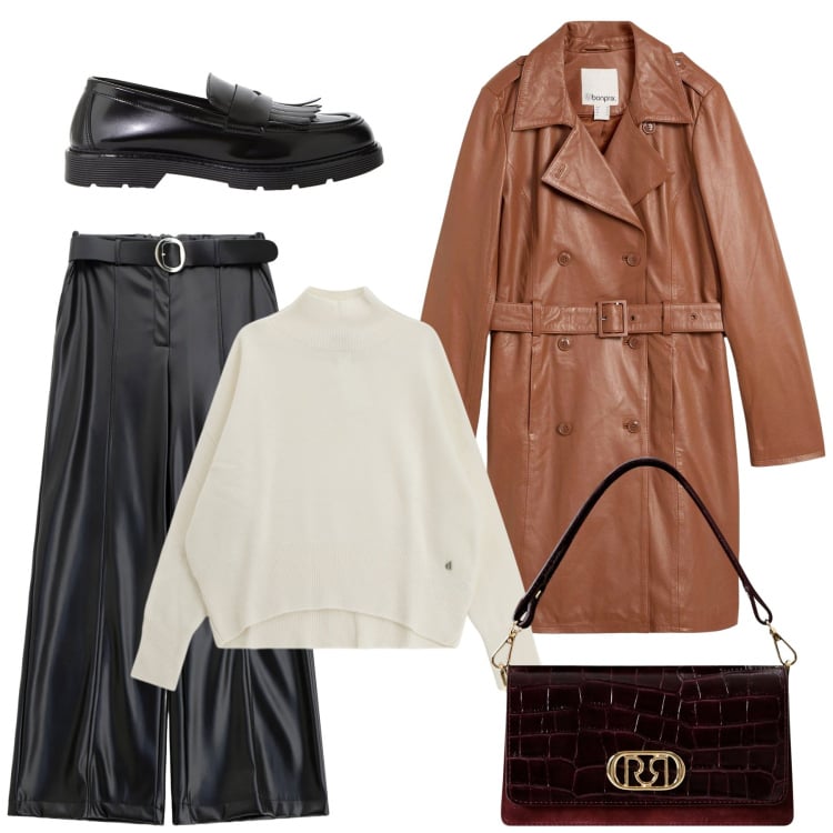 Outfit donna - Casual in ufficio. Stile Casual per Ufficio. Abbinamento con trench, borse a mano, pantaloni, mocassini, maglieria.