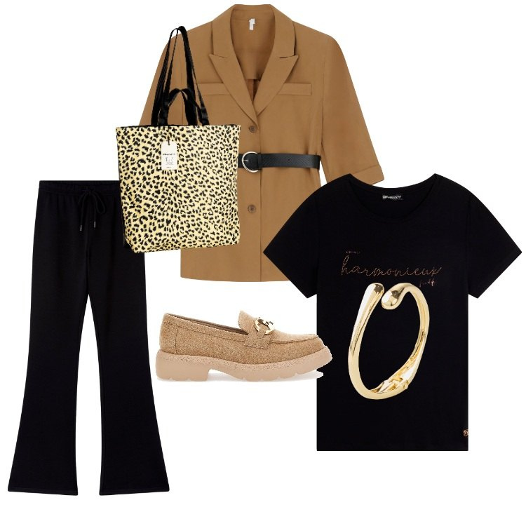 Outfit donna - back to work. Stile Sporty chic per Tutti i giorni. Abbinamento con braccialetti, pantaloni, borse tote, blazer, t-shirt, mocassini.