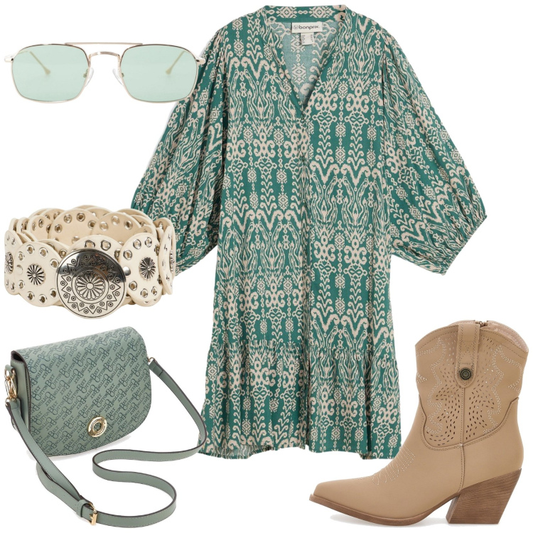 Outfit donna - Total look #2245295. Stile Boho per Tutti i giorni. Abbinamento con vestiti, cinture, occhiali da sole, stivaletti texani, borse a tracolla.