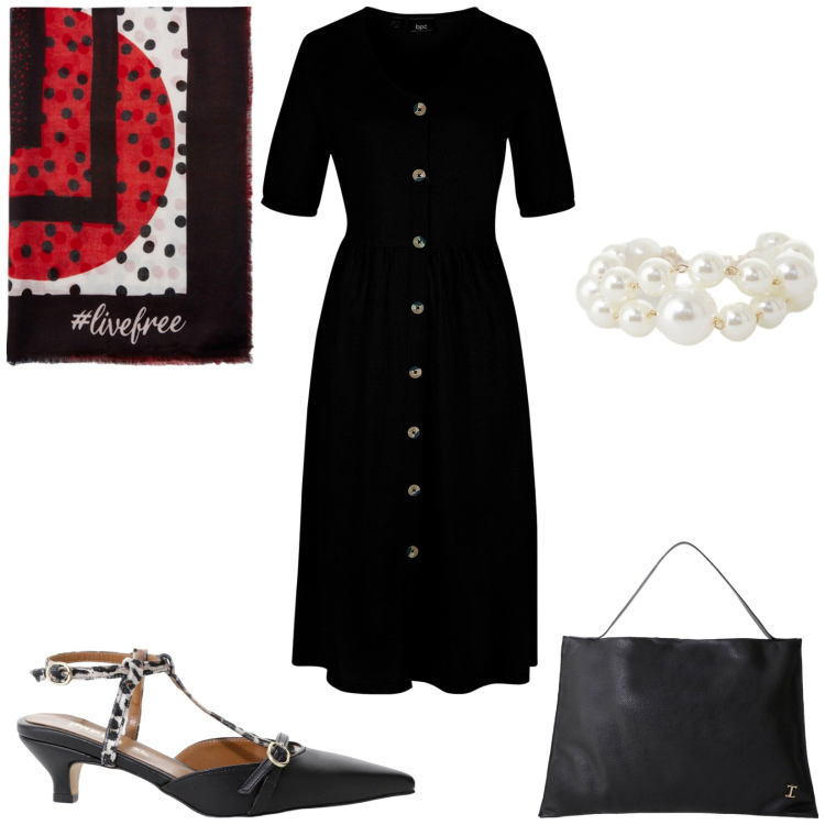Outfit donna - Total look #2245296. Stile Bon Ton per Ufficio. Abbinamento con vestiti midi/longuette, décolleté, borse a spalla, anelli, foulard.