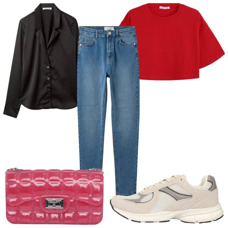 Outfit donna - Terranova New Collection Al26 : in jeans. Stile Trendy per Tutti i giorni. Abbinamento con jeans skinny, bluse, borse a tracolla, sneakers, t-shirt.