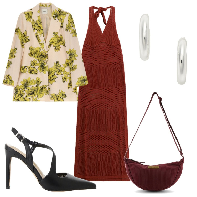 Outfit donna - FW25 Dixie : autunno etnico. Stile Etnico per Tutti i giorni. Abbinamento con décolleté, vestiti lunghi, blazer, orecchini, borse a tracolla.