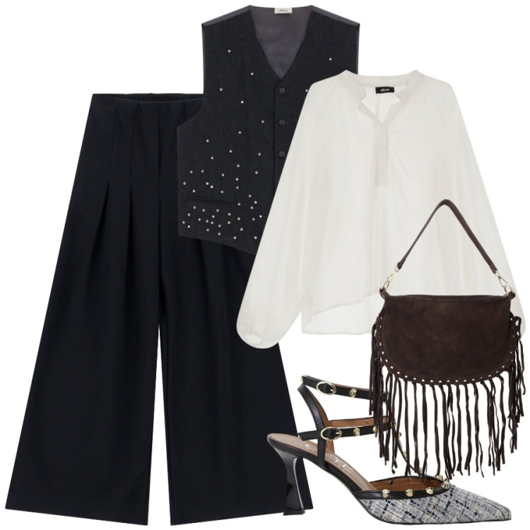 Outfit donna - FW25 Dixie - Behind the bold. Stile Trendy per Serata fuori. Abbinamento con décolleté, camicie, pantaloni a palazzo, borse a tracolla, gilet.