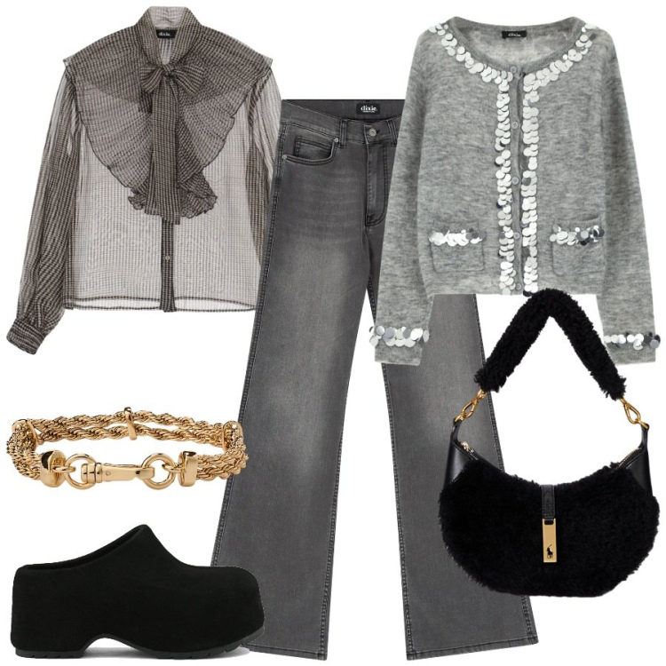 Outfit donna - FW25 Dixie - Behind the bold. Stile Casual chic per Tutti i giorni. Abbinamento con cardigans, jeans a zampa, camicie, braccialetti, borse a spalla, zoccoli.