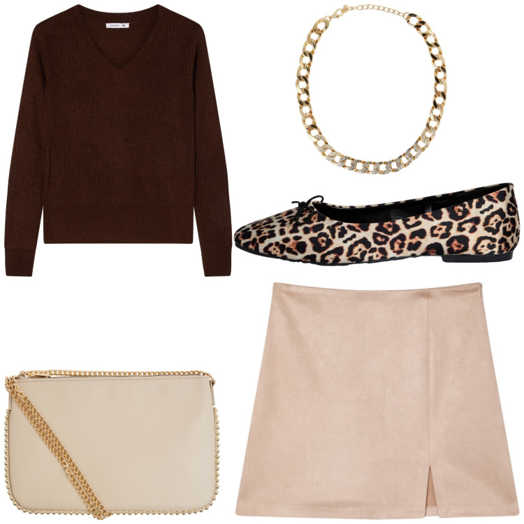 Outfit donna - Semplice e d\'effetto. Stile Chic per Tutti i giorni. Abbinamento con borse a tracolla, collane, minigonne, maglieria, ballerine.
