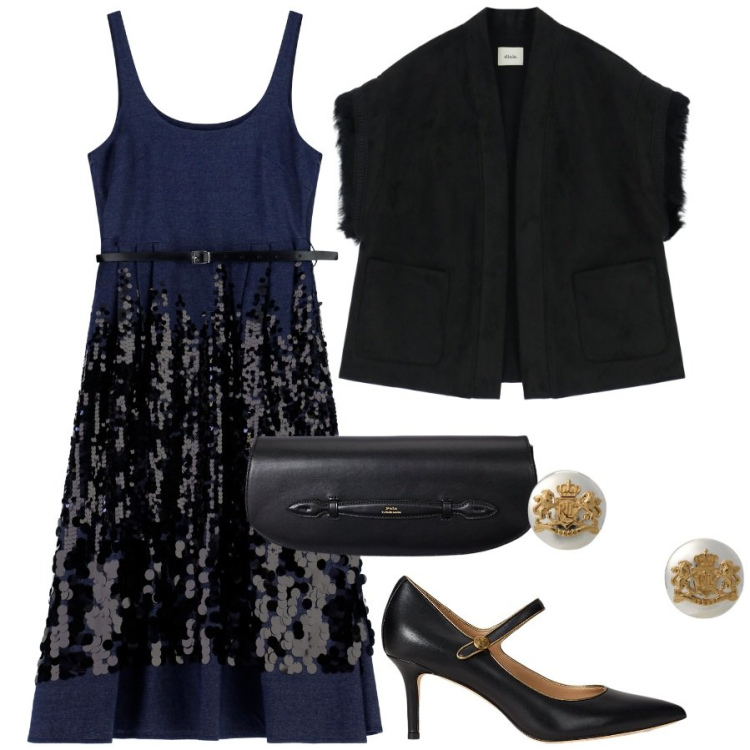 Outfit donna - FW25 Dixie - Behind the bold. Stile Glamour per Serata fuori. Abbinamento con gilet, vestiti midi/longuette, orecchini, décolleté, clutch.