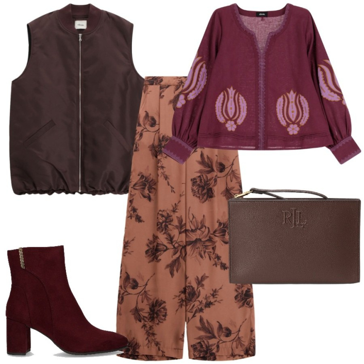Outfit donna - FW25 Dixie - Behind the bold. Stile Casual chic per Tutti i giorni. Abbinamento con bluse, pantaloni a palazzo, piumini, pochette, stivaletti.