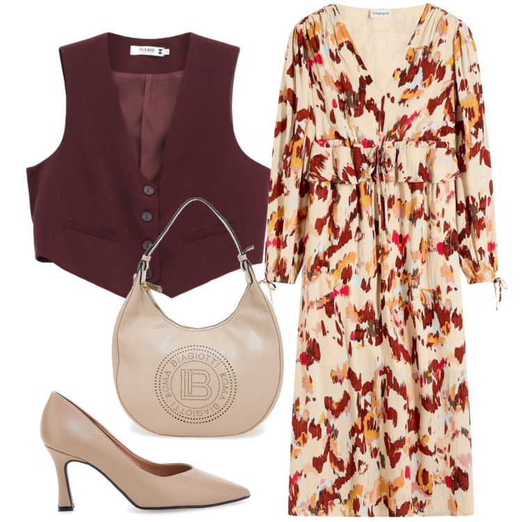 Outfit donna - Total look #2245313. Stile Etnico per Tutti i giorni. Abbinamento con vestiti midi/longuette, gilet, décolleté, borse a spalla.