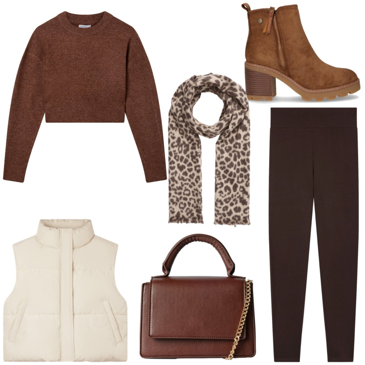 Outfit donna - Palette autunnale. Stile Casual per Tutti i giorni. Abbinamento con borse a tracolla, leggings, maglieria, sciarpe, piumini, stivaletti.