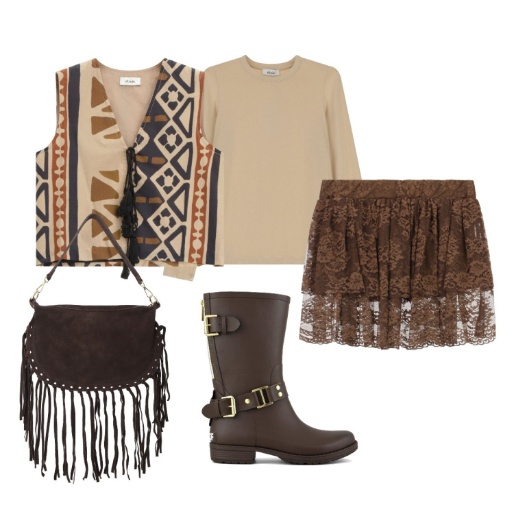 Outfit donna - Il gilè etnico. Stile Etnico per Serata fuori. Abbinamento con gilet, minigonne, borse a tracolla, t-shirt, stivali.