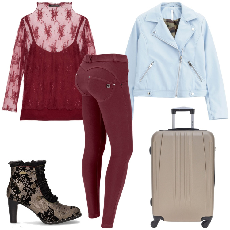 Outfit donna - Bordeaux e contrasto. Stile Casual chic per Ufficio. Abbinamento con blazer, pantaloni skinny, t-shirt, valigie, stivaletti.