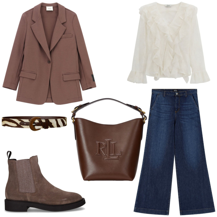 Outfit donna - Look sofisticato in denim. Stile Casual chic per Tutti i giorni. Abbinamento con camicie, blazer, jeans, borse a secchiello, cinture, stivaletti chelsea.