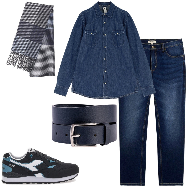 Outfit uomo - Total look #2245318. Stile Casual per Tutti i giorni. Abbinamento con jeans dritti, camicie, sciarpe, cinture, sneakers.