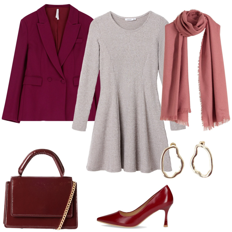 Outfit donna - Semplice ma mai banale. Stile Casual chic per Ufficio. Abbinamento con sciarpe, borse a tracolla, vestiti corti, blazer, orecchini, décolleté.