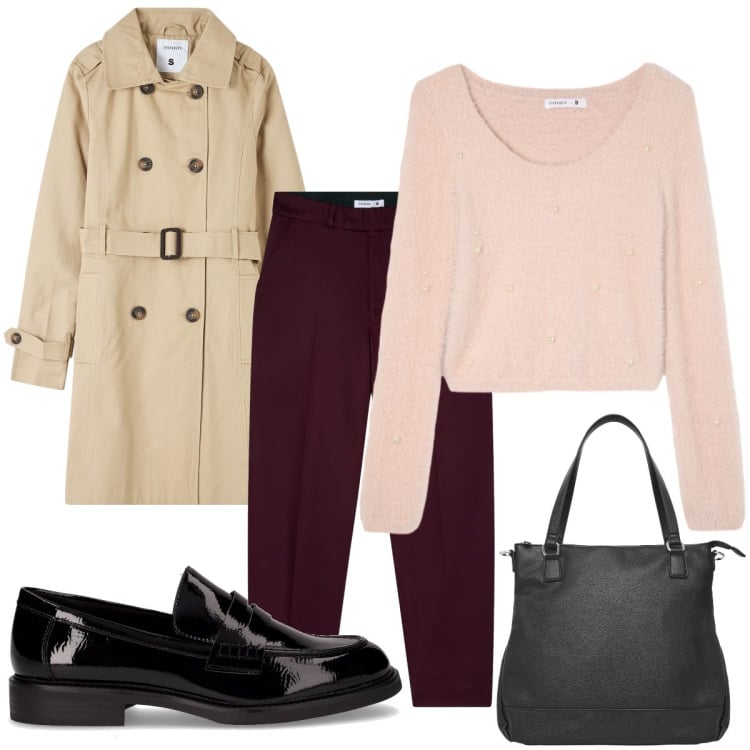 Outfit donna - Pronta per l’autunno. Stile Casual chic per Tutti i giorni. Abbinamento con pantaloni chino, trench, shopping bag, maglieria, mocassini.