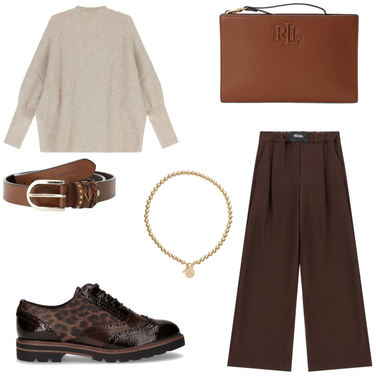 Outfit donna - Riunione aziendale. Stile Casual chic per Ufficio. Abbinamento con cinture, pantaloni a palazzo, maglieria, collane, pochette, scarpe stringate.