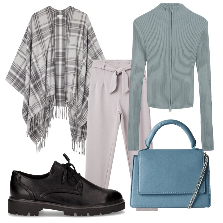 Outfit donna - Grigio d’autunno. Stile Bon Ton per Ufficio. Abbinamento con pantaloni chino, cardigans, cappotti, borse a tracolla, scarpe stringate.