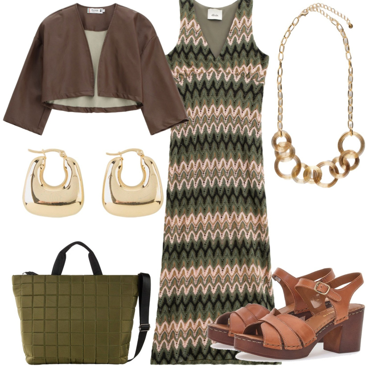 Outfit donna - Total look #2245325. Stile Etnico per Serata fuori. Abbinamento con orecchini, shopping bag, giacche, vestiti, sandali in pelle, collane.