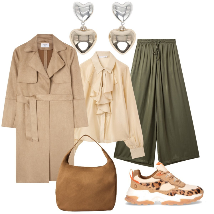 Outfit donna - In città. Stile Casual chic per Tutti i giorni. Abbinamento con pantaloni a palazzo, camicie, orecchini, borse a mano, trench, sneakers alte.