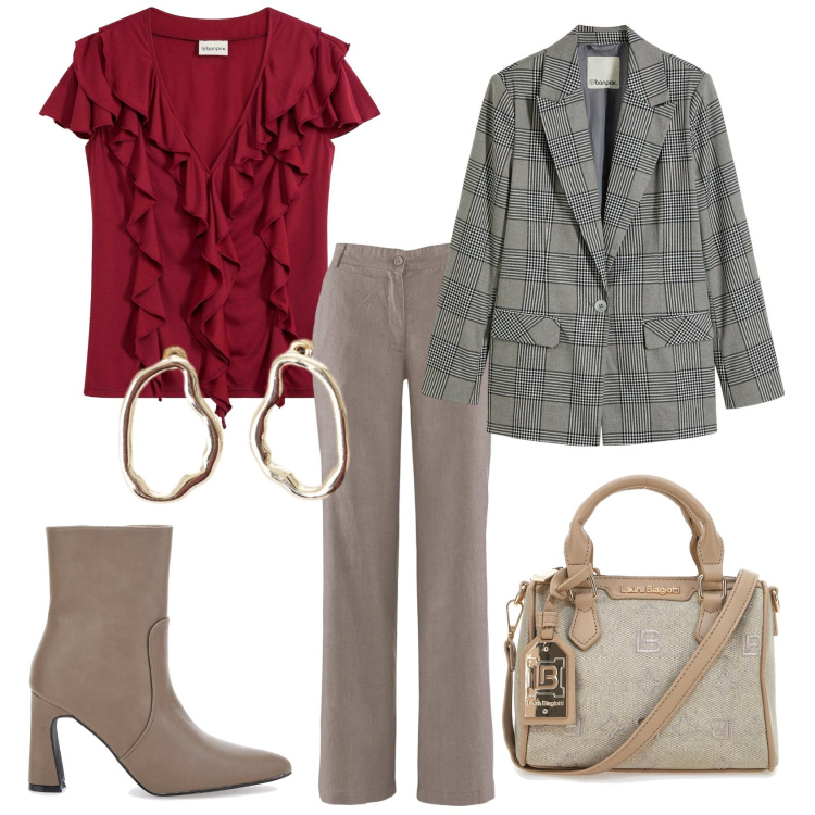 Outfit donna - Nota d\'accento. Stile Casual chic per Ufficio. Abbinamento con pantaloni, blazer, bluse, orecchini, stivaletti, borse a tracolla.
