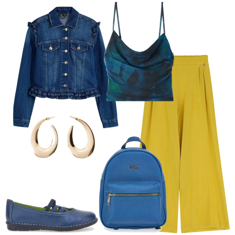 Outfit donna - City. Stile Casual chic per Tutti i giorni. Abbinamento con blazer, orecchini, canottiere, pantaloni, zaini, ballerine.