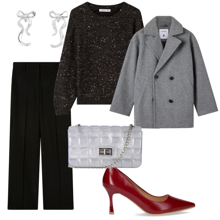 Outfit donna - Terranova nuova collezione. per Serata fuori. Abbinamento con orecchini, borse a tracolla, pantaloni a palazzo, caban, maglieria, décolleté.
