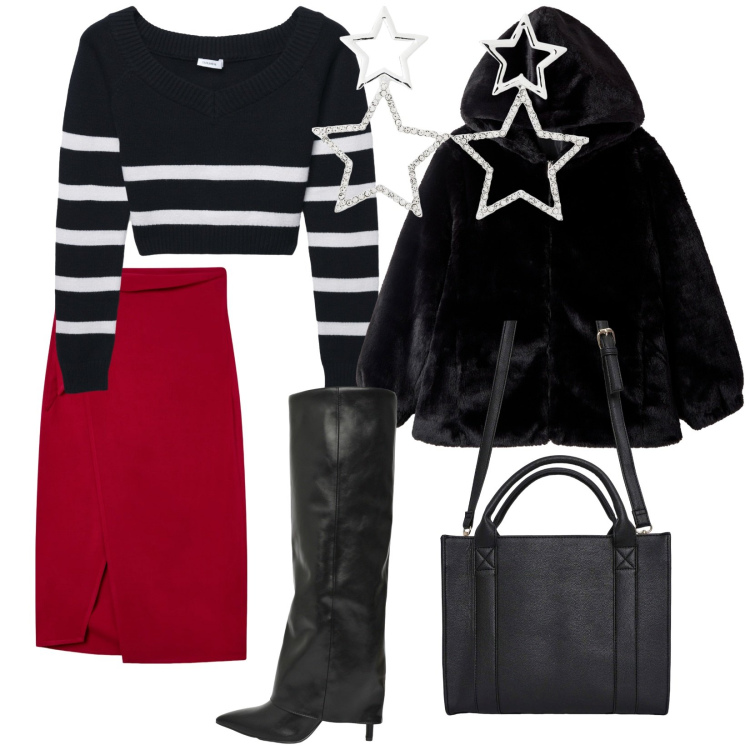 Outfit donna - Terranova nuova collezione. per Tutti i giorni. Abbinamento con gonne longuette, borse tote, orecchini, stivali, ecopellicce, maglieria.