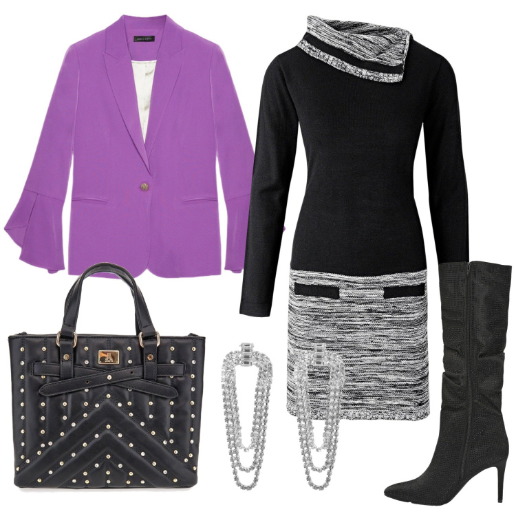 Outfit donna - Total look #2245338. Stile Casual chic per Ufficio. Abbinamento con vestiti, orecchini, stivali, borse a mano, blazer.