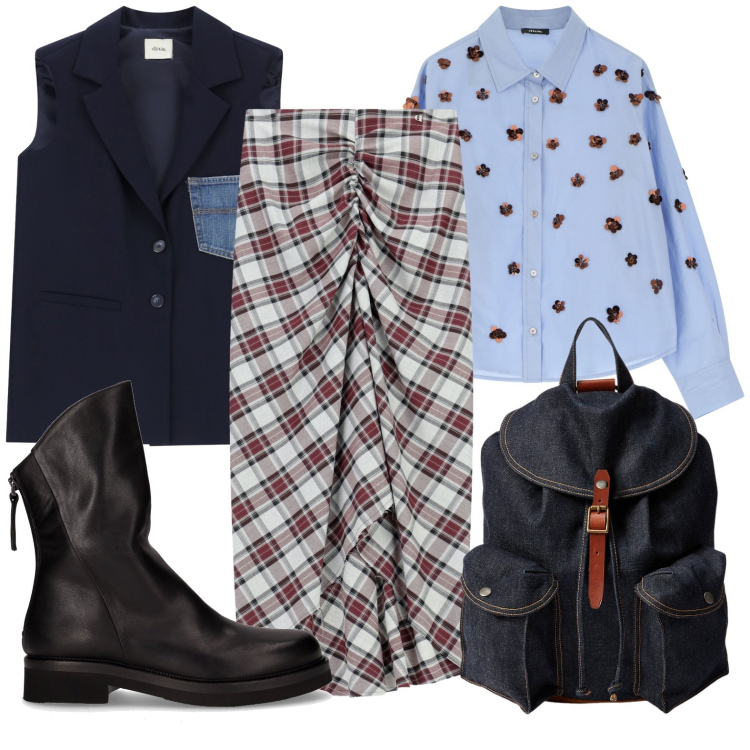 Outfit donna - Gilet & co. Stile Glamour per Tutti i giorni. Abbinamento con gonne lunghe, camicie, gilet, zaini, stivaletti.