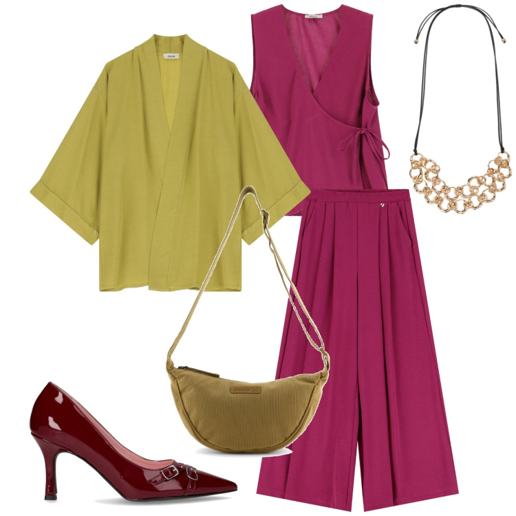 Outfit donna - Total look #2245340. Stile Casual chic per Serata fuori. Abbinamento con top, blazer, pantaloni, collane, borse a tracolla, décolleté.