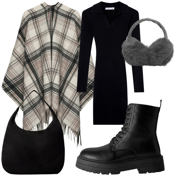 Outfit donna - Mantella e tubino. Stile Casual chic per Tutti i giorni. Abbinamento con borse a mano, anfibi, cappotti, vestiti a tubino, cappelli.