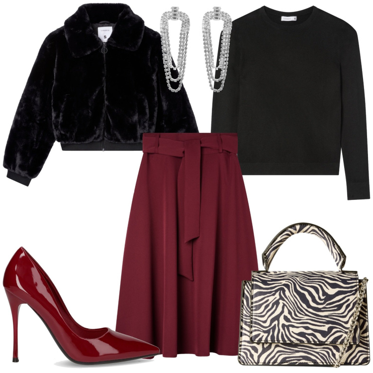 Outfit donna - Cena aziendale. Stile Chic per Serata fuori. Abbinamento con gonne lunghe, orecchini, borse a tracolla, maglieria, ecopellicce, décolleté.