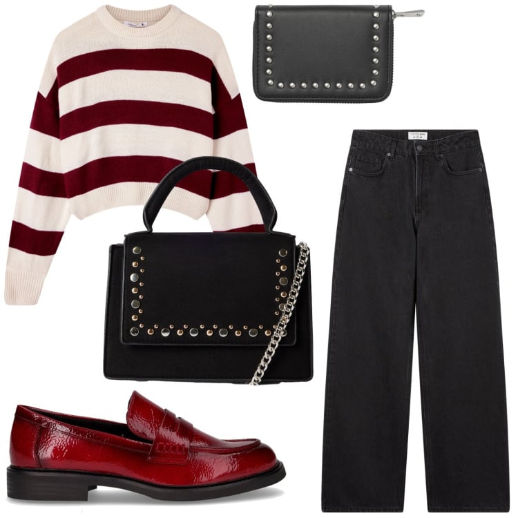 Outfit donna - Borsa e borselli coordinati. Stile Sporty chic per Ufficio. Abbinamento con borse a tracolla, portafogli, maglieria, jeans, mocassini.