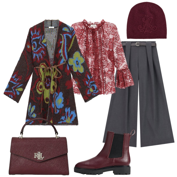 Outfit donna - Grigio e bordeaux contrasto sofisticato. Stile Glamour per Tutti i giorni. Abbinamento con pantaloni, camicie, cardigans, borse a mano, stivaletti chelsea, berretti.