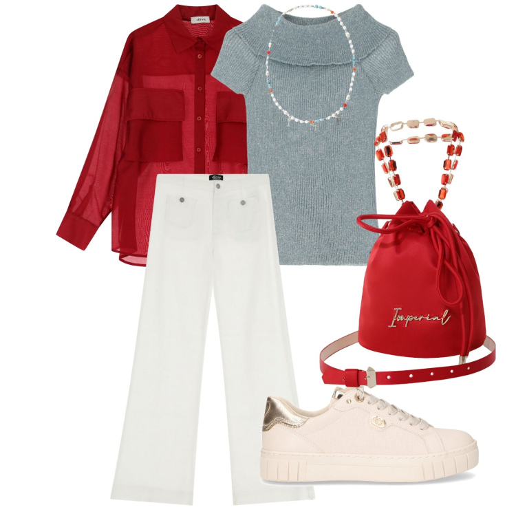 Outfit donna - Dixie. per Tutti i giorni. Abbinamento con borse a secchiello, collane, pullovers, pantaloni a palazzo, camicie, sneakers.