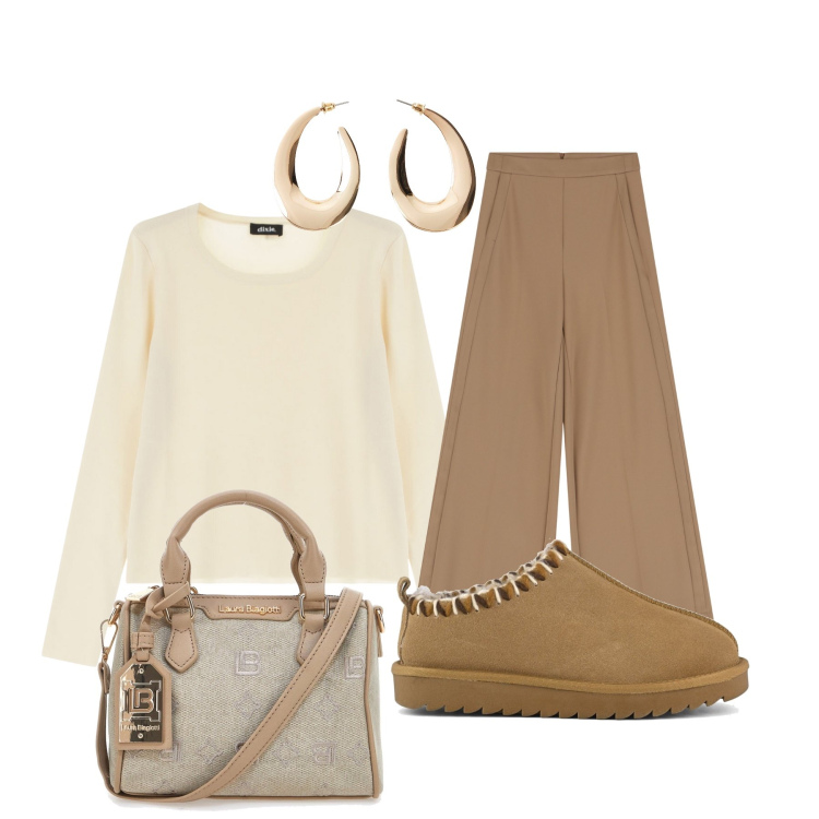 Outfit donna - Comoda e chic. Stile Casual chic per Tutti i giorni. Abbinamento con orecchini, pantaloni a palazzo, pullovers, sabot, borse a tracolla.