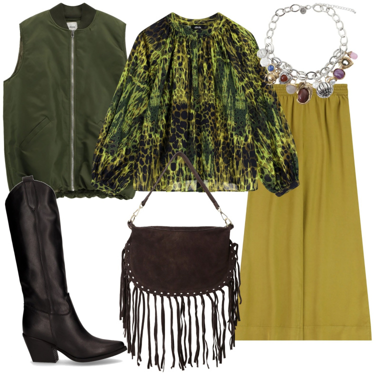 Outfit donna - Di tutto un pó. Stile Glamour per Tutti i giorni. Abbinamento con borse a tracolla, braccialetti con ciondoli, piumini, pantaloni a palazzo, camicie, stivali.