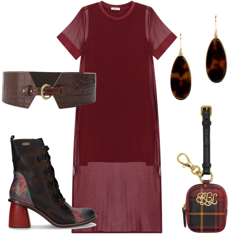 Outfit donna - Mix & match. Stile Vintage retrò per Tutti i giorni. Abbinamento con vestiti midi/longuette, cinture, orecchini, pochette, stivaletti.