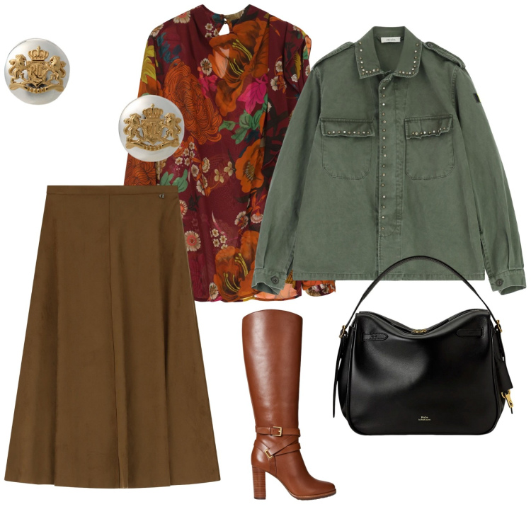 Outfit donna - Dixie. per Ufficio. Abbinamento con cappotti, camicie, gonne longuette, orecchini, borse a mano, stivali.