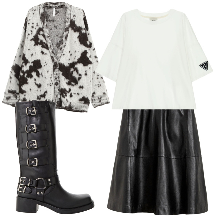 Outfit donna - Easy o rock. Stile Rock per Tutti i giorni. Abbinamento con gonne, cardigans, stivali, t-shirt.